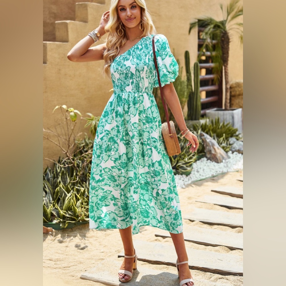 Smocked floral maxi dress one shoulder puff sleeves EASTER large